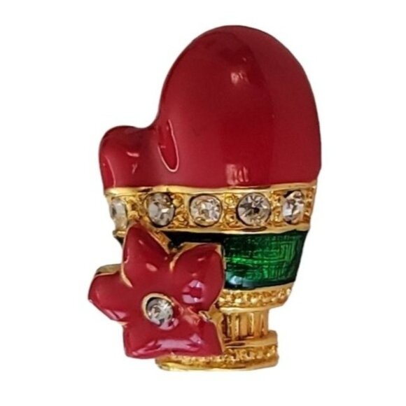 Red Green Enamel Clear Rhinestone With Flower Mitten Lapel Scatter Pin, E795 - Picture 1 of 9